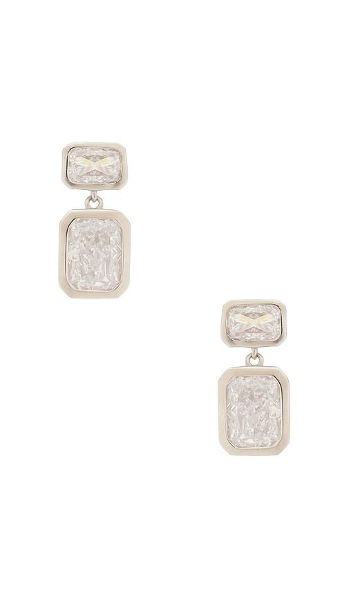 SHASHI Emerald Baguette Drop Earring in Metallic Silver by SHASHI