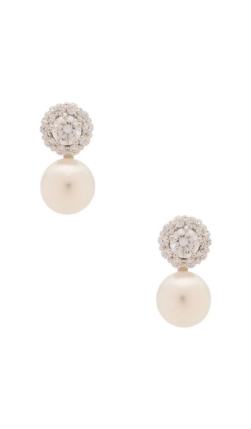 SHASHI Halo Stud Pearl Drop Earring in Metallic Silver by SHASHI