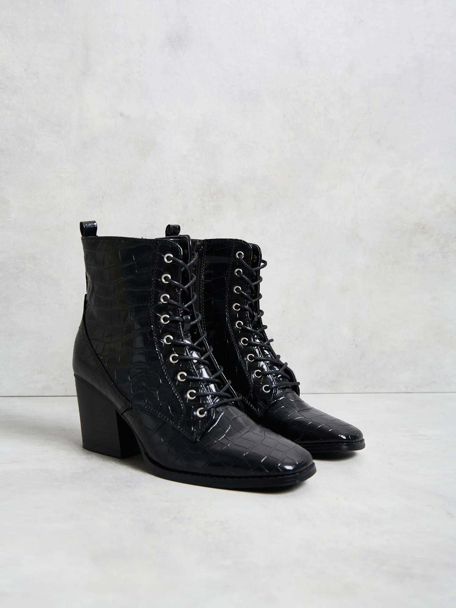 Black Lace Up Chunky Heel boots by SHNOO