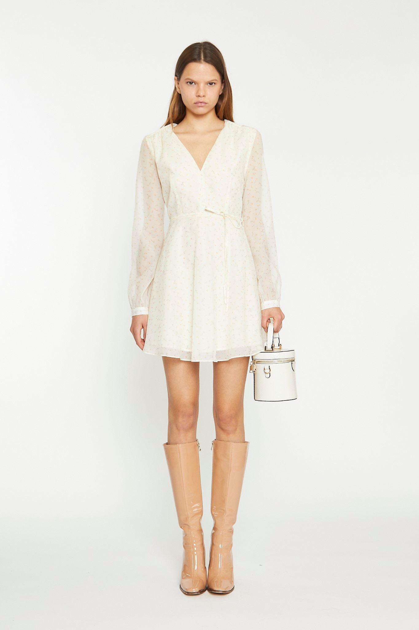 V-Neck Long Sleeve Skater Mini Dress by SHNOO