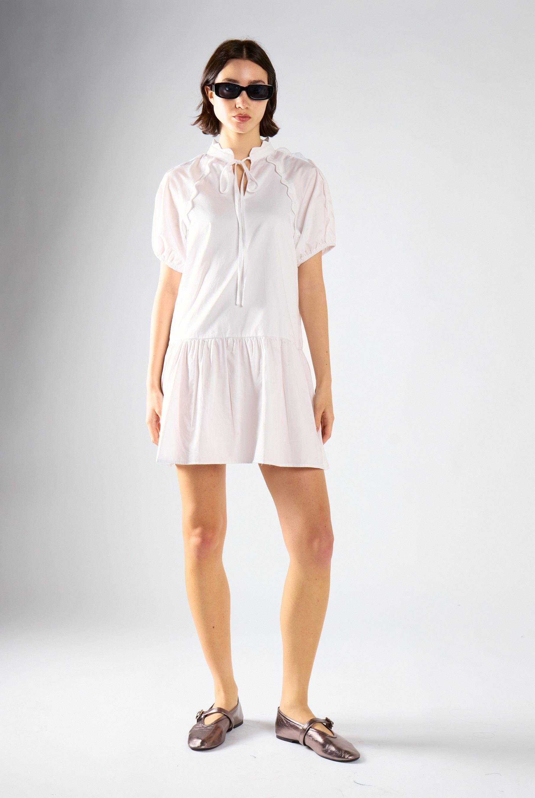 White Tie-Neck Smock Mini-Dress by SHNOO