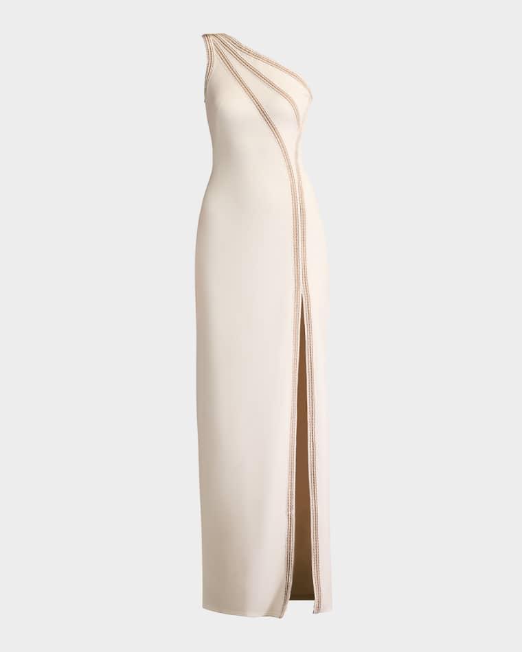 One-Shoulder Side Slit Neoprene Gown by SHO BY TADASHI SHOJI