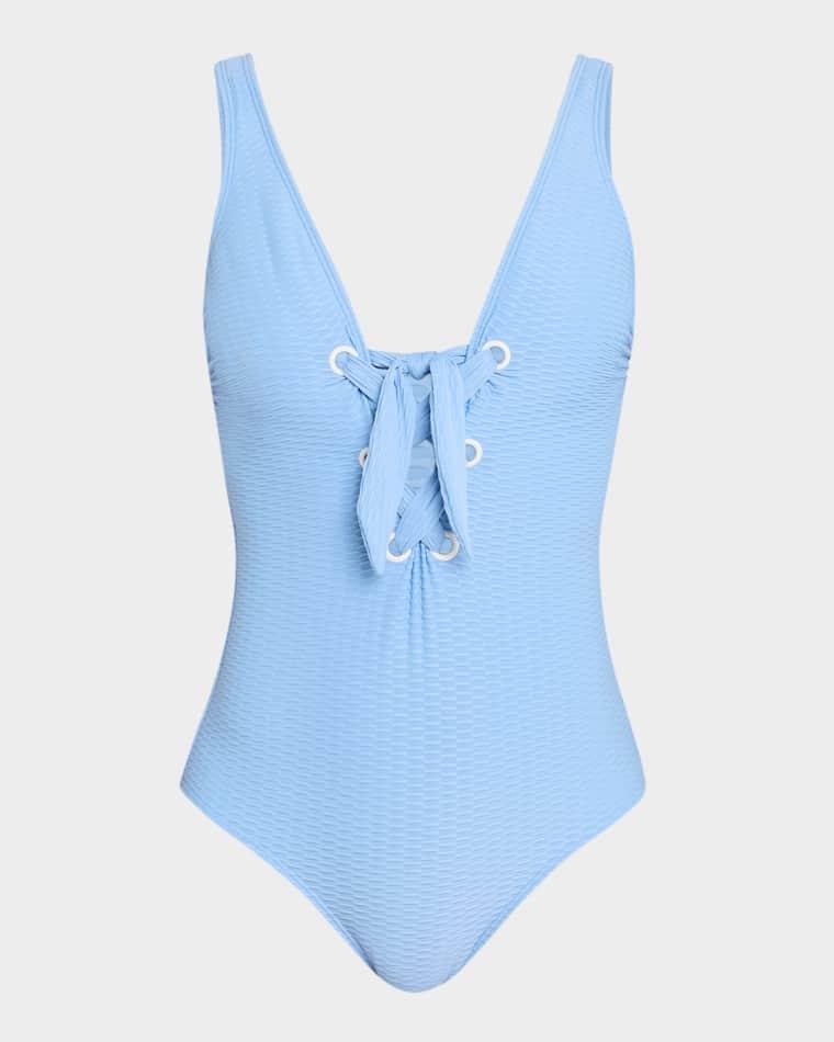 Lace-Up Textured One-Piece Swimsuit by SHOSHANNA