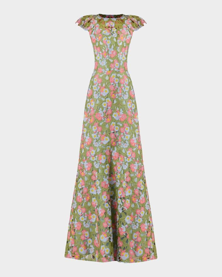 Raven Cap-Sleeve Floral Lace Gown by SHOSHANNA
