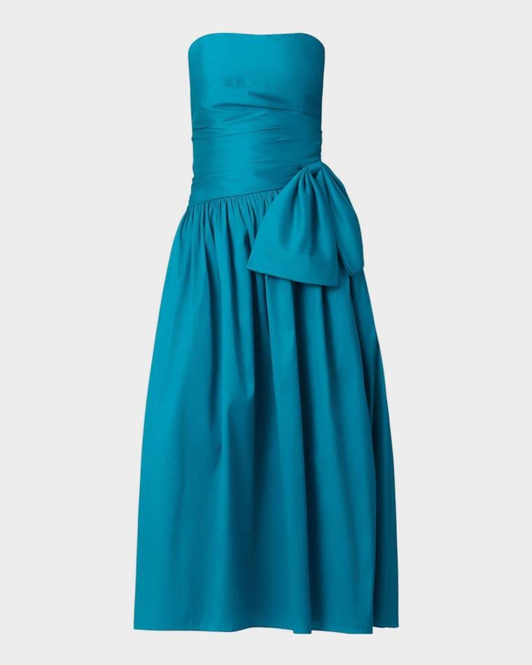 Sonia Strapless Side-Bow Satin Midi Dress by SHOSHANNA