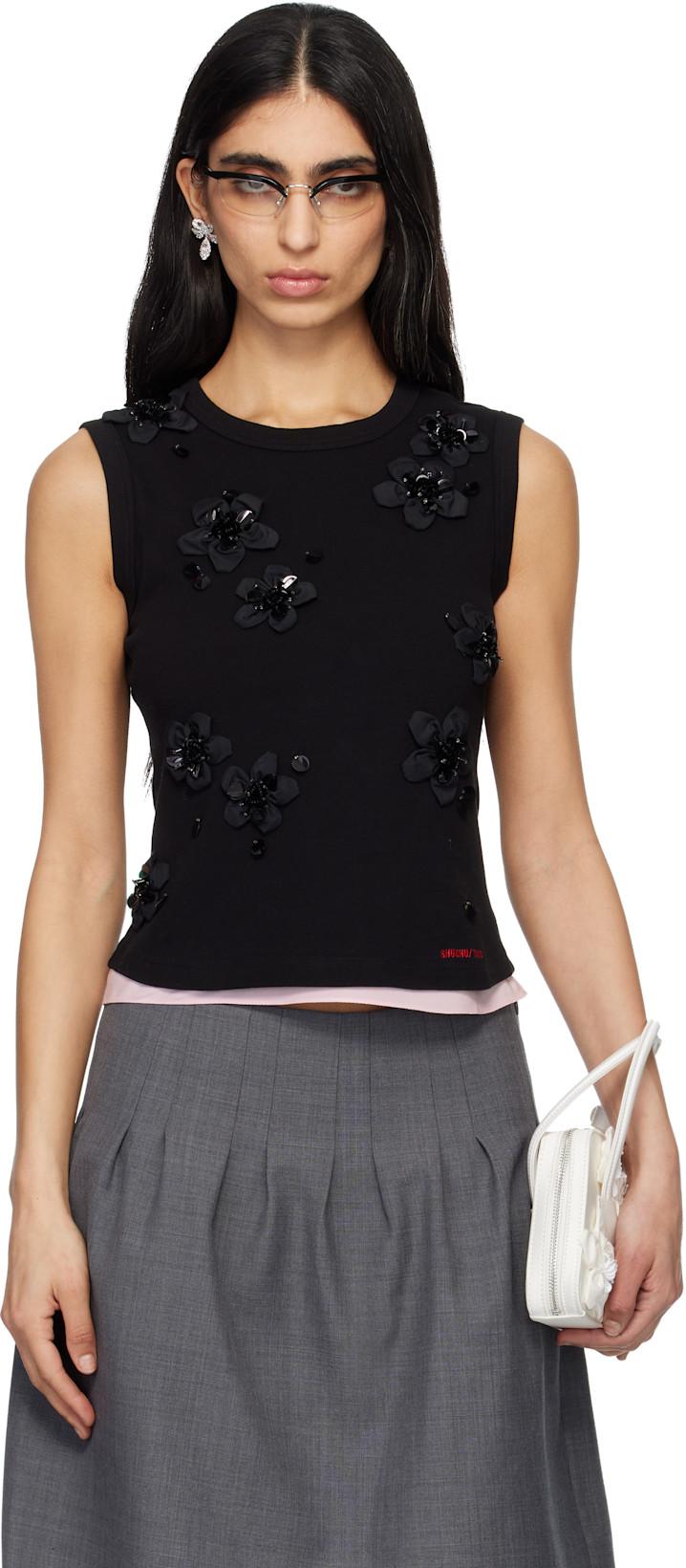 Black 3D Flower Tank Top by SHUSHU/TONG