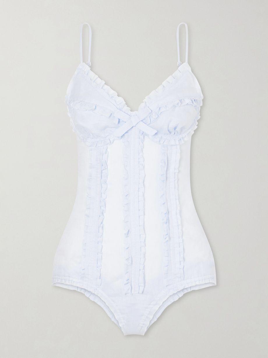Bow-embellished ruched linen bustier bodysuit by SHUSHU/TONG