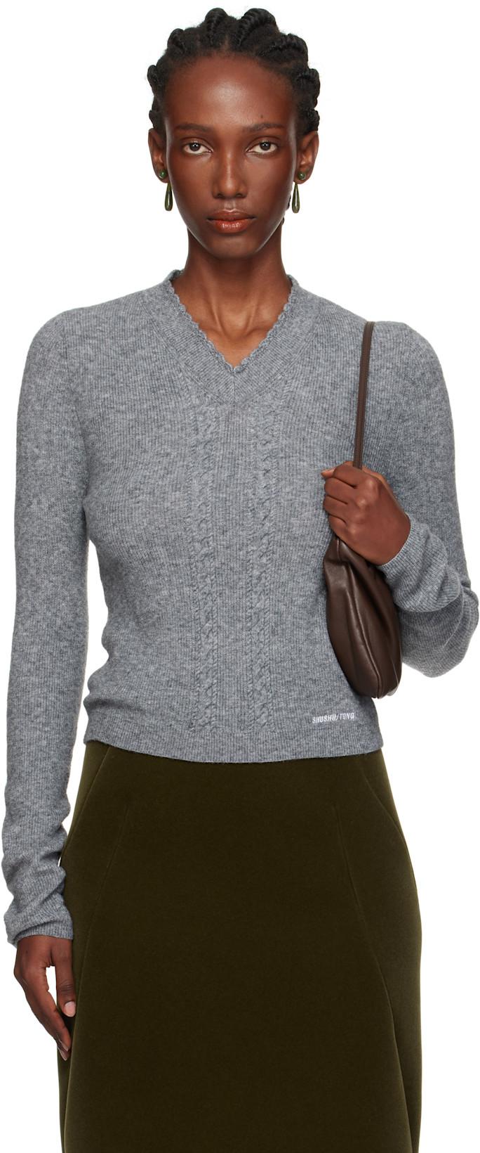 Gray Lace-Trimmed V-Neck Knit Sweater by SHUSHU/TONG