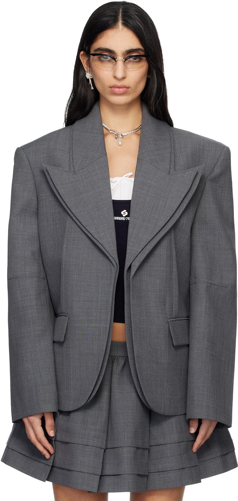 Gray Peak Lapel Oversized Blazer by SHUSHU/TONG
