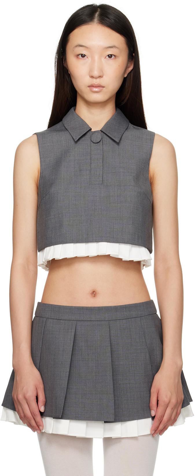 Gray Pleated Hem Round Collar Short Top by SHUSHU/TONG