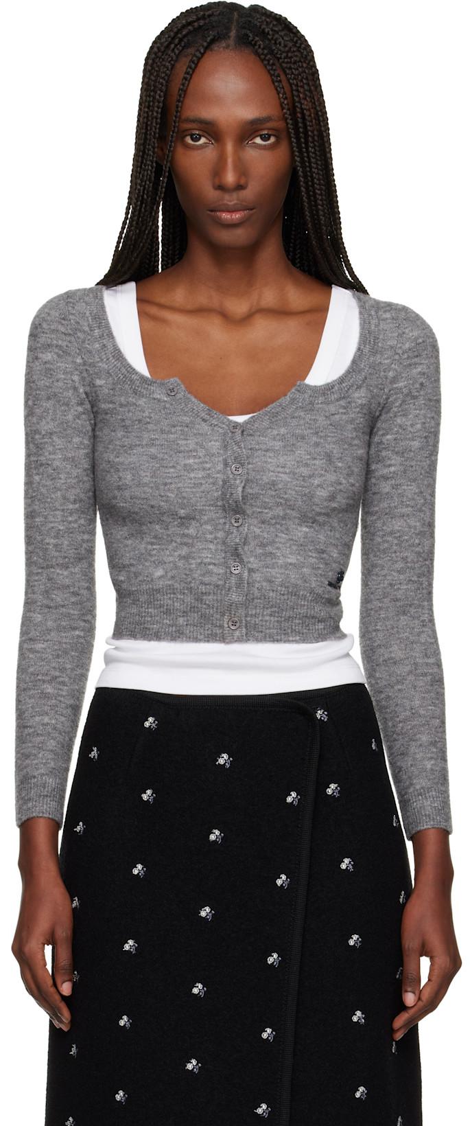 Gray Wide Round Neck Fitted Cardigan by SHUSHU/TONG