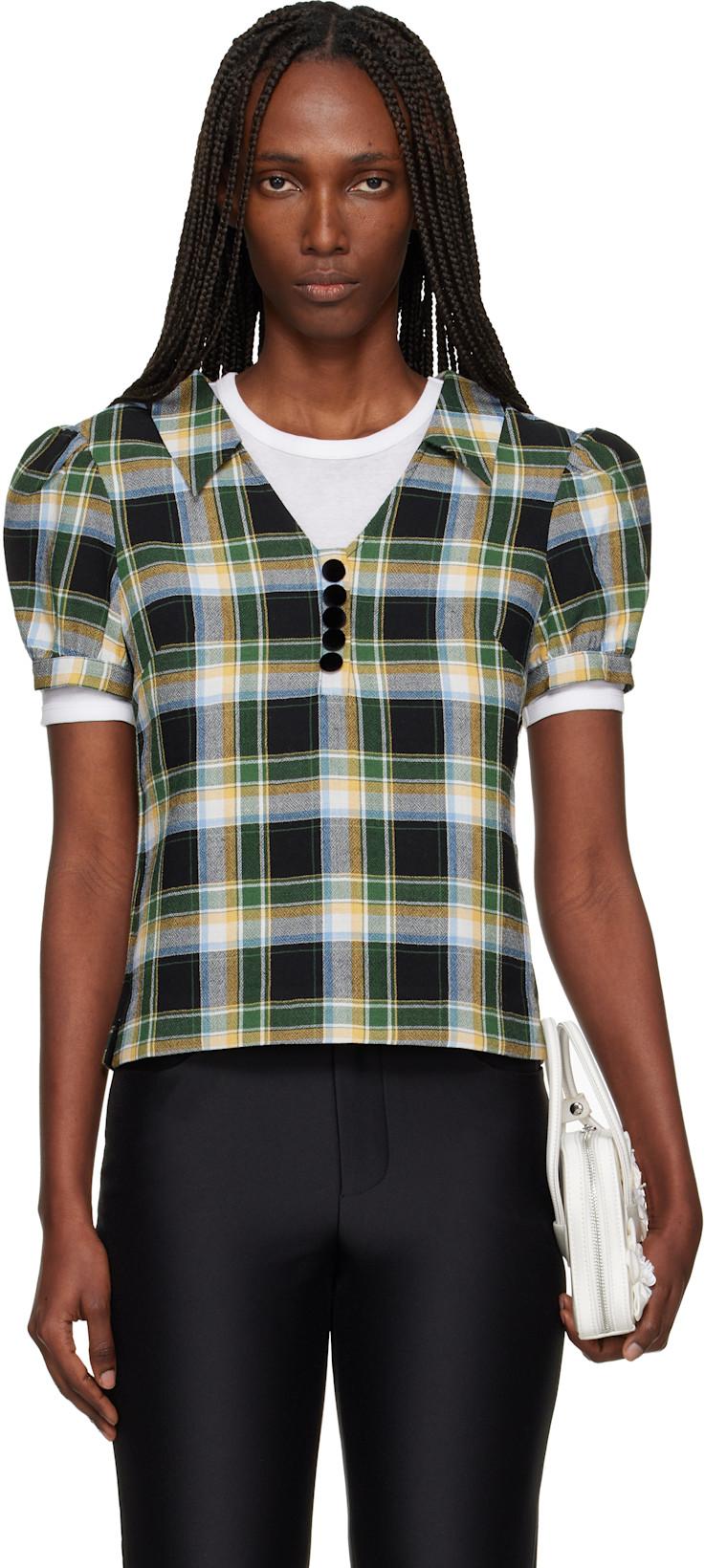 Green Notched Lapel Puff Sleeve Blouse by SHUSHU/TONG