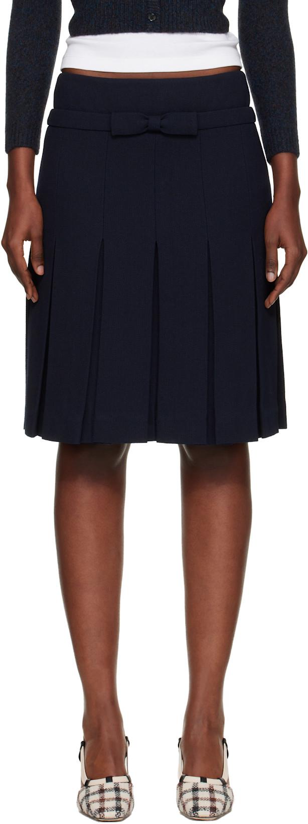 Navy Bow Waist Pleated Midi Skirt by SHUSHU/TONG