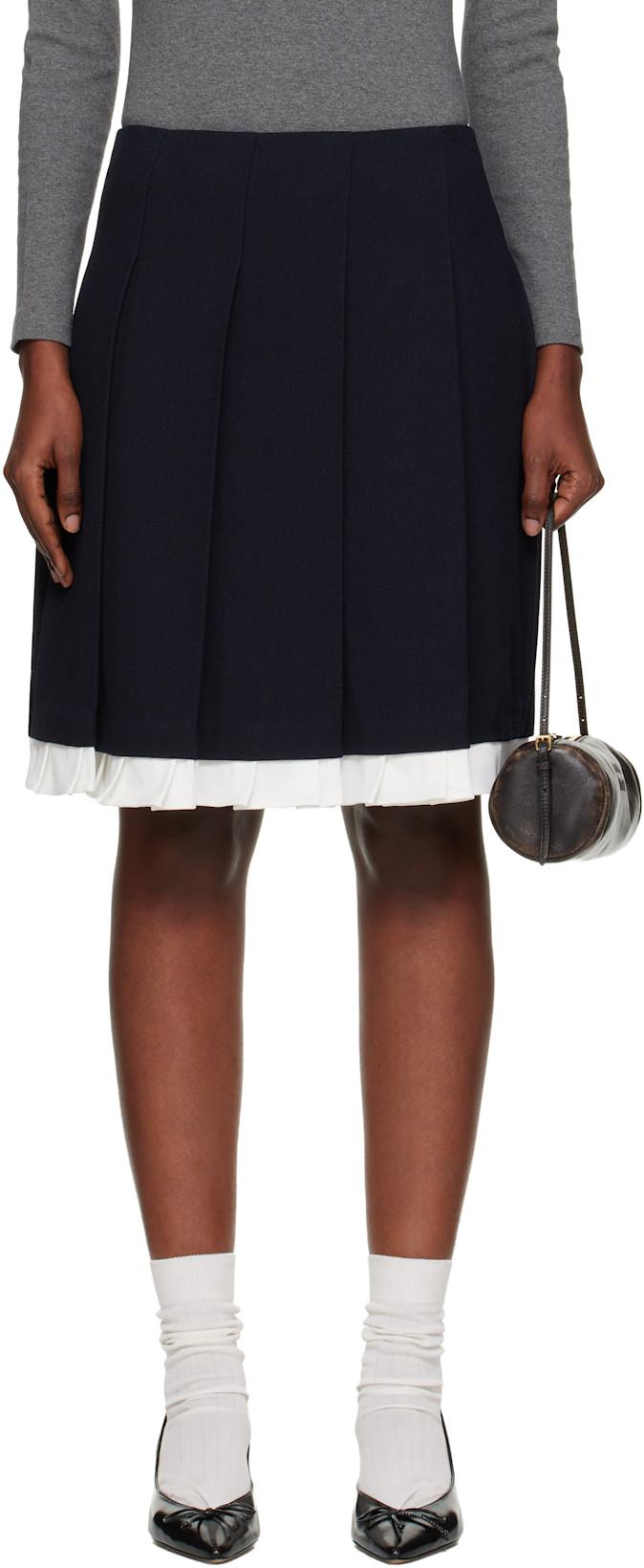Navy Patchwork Lace Wide Pleat Midi Skirt by SHUSHU/TONG