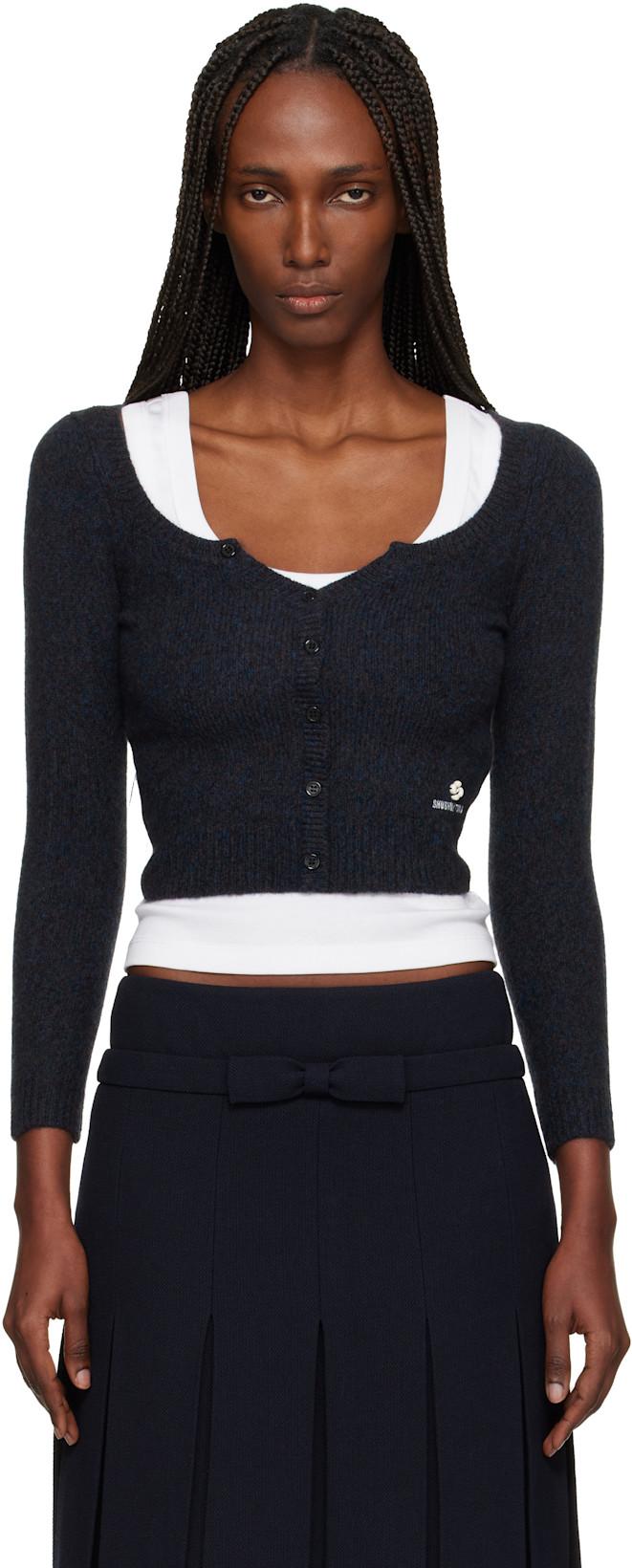 Navy Wide Round Neck Fitted Cardigan by SHUSHU/TONG