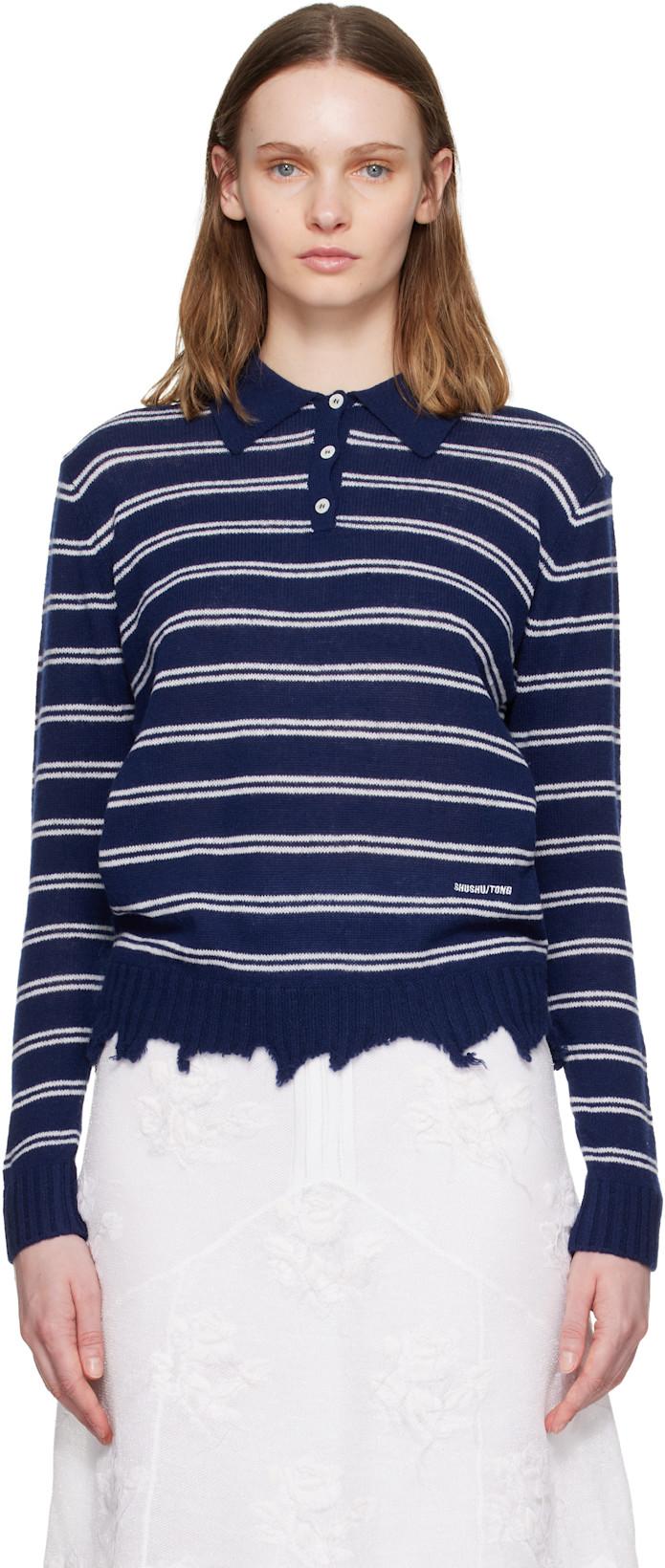 Navy & White Striped Long-Sleeve Knit Polo by SHUSHU/TONG
