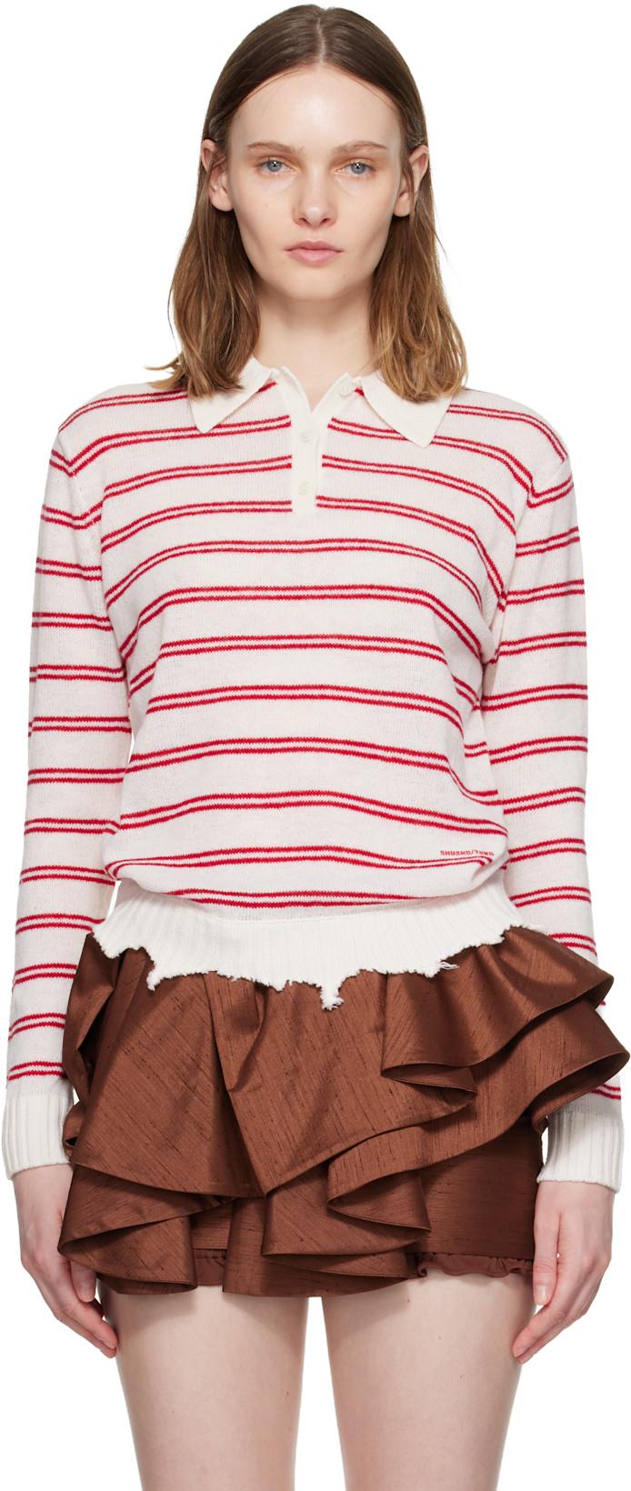 Off-White & Red Striped Long-Sleeve Knit Polo by SHUSHU/TONG