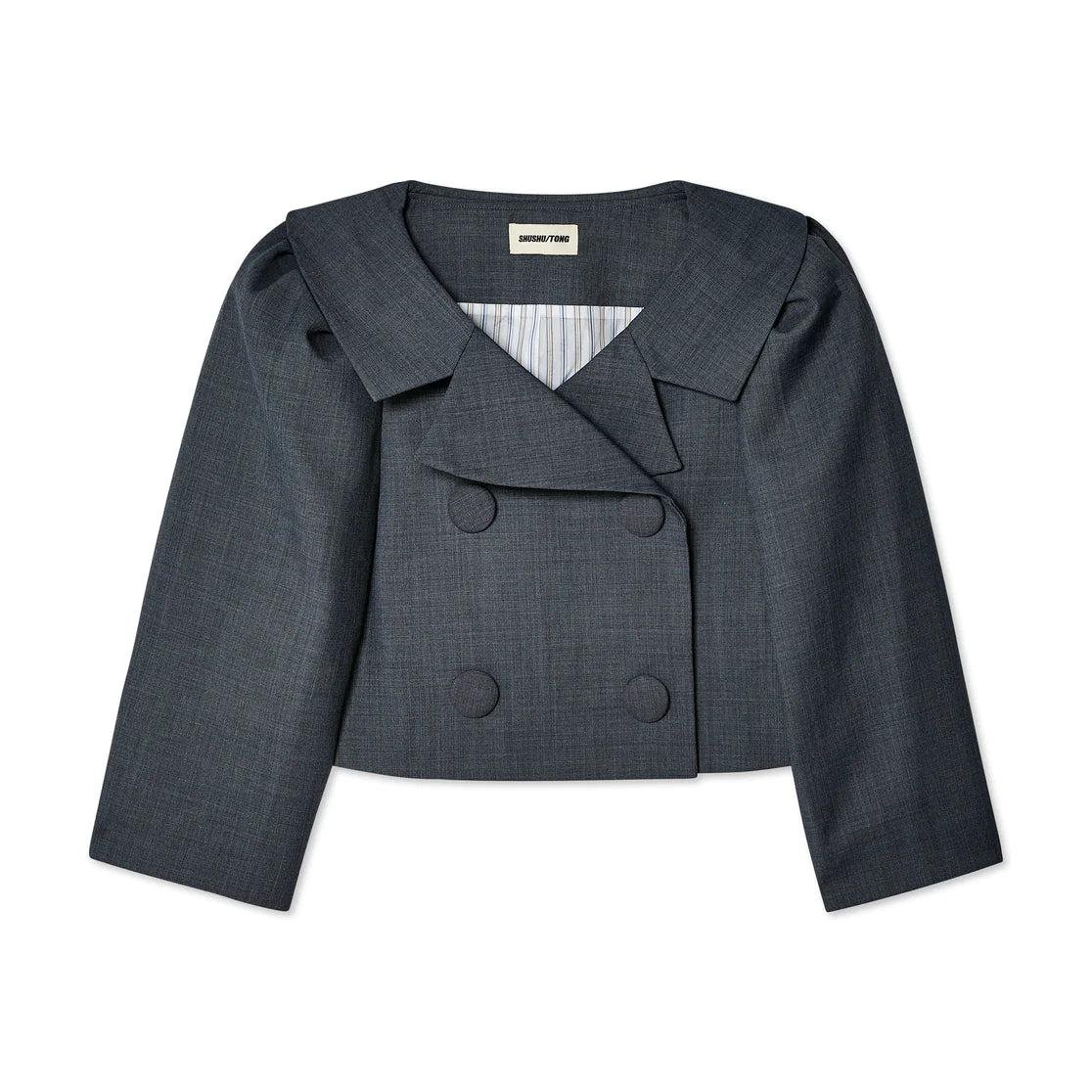 SHUSHU/TONG - Women's Puff-Sleeved Lapel Collar Short Jacket - (Grey) by SHUSHU/TONG