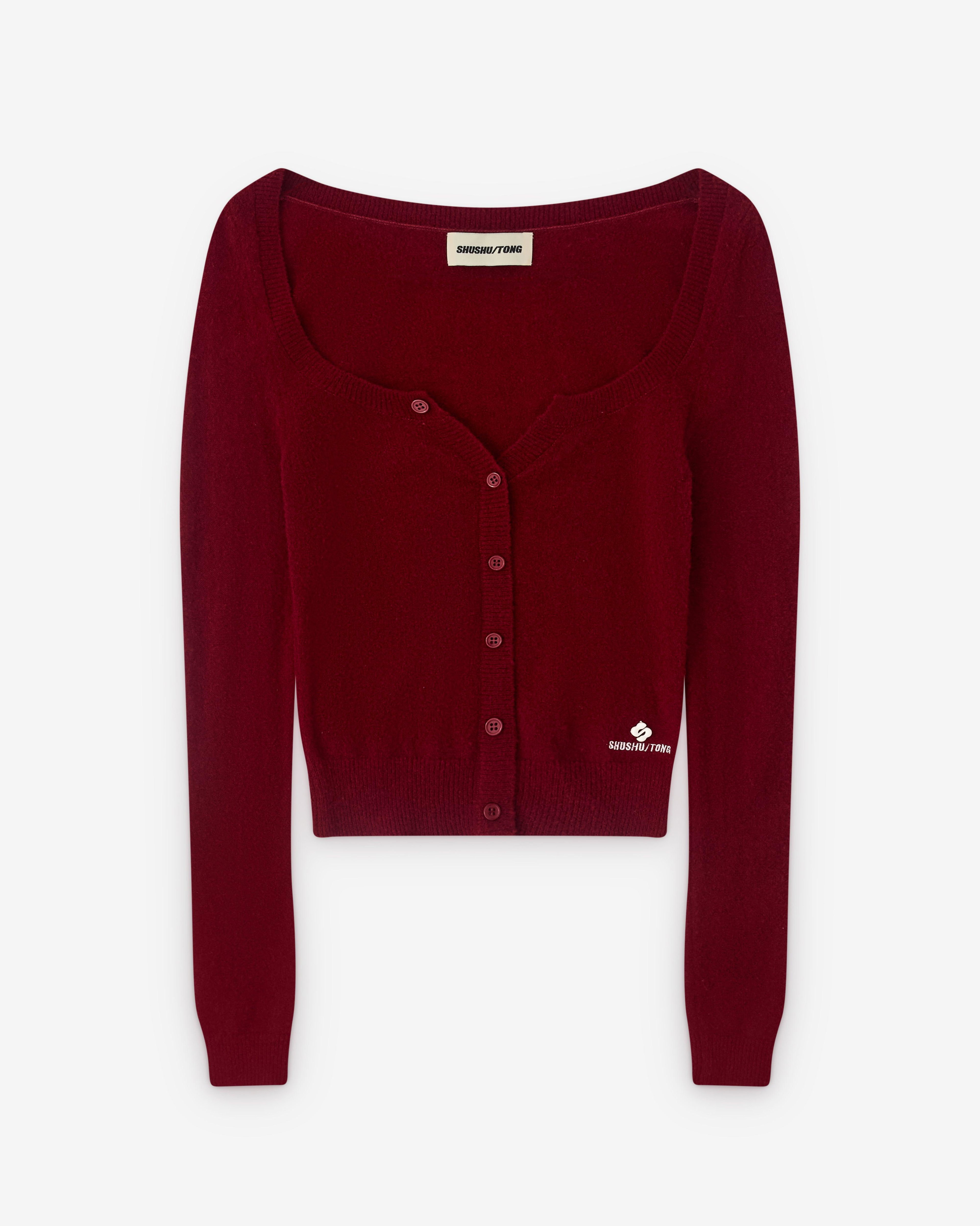 SHUSHU/TONG - Women’s Round Neck Fitted Cardigan - (Wine Red) by SHUSHU/TONG