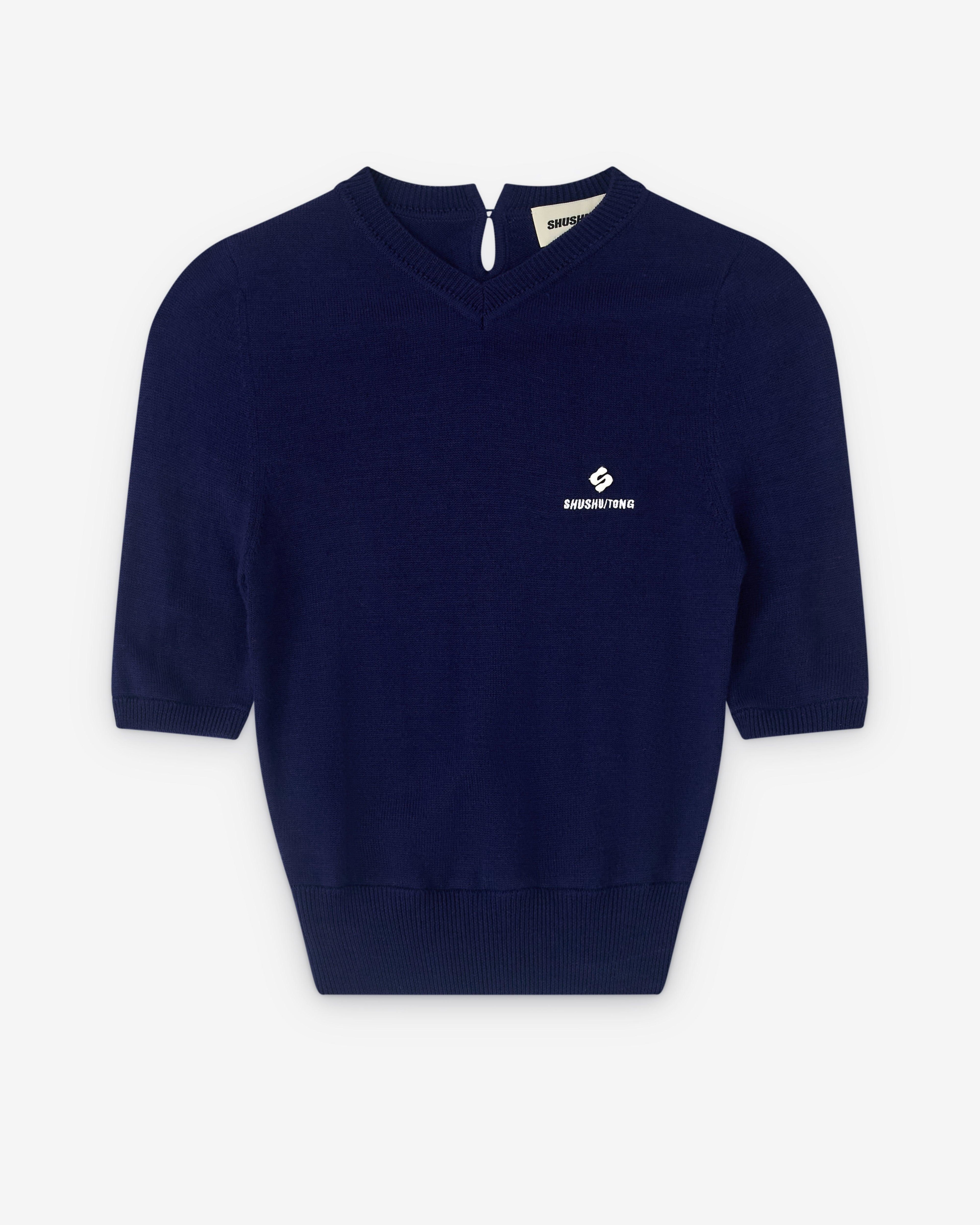 SHUSHU/TONG - Women’s V-Neck Short Sleeve Knit Top - (Navy) by SHUSHU/TONG