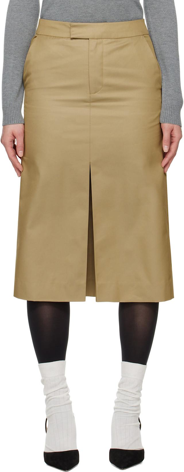 Tan Front-Slit Straight Midi Skirt by SHUSHU/TONG