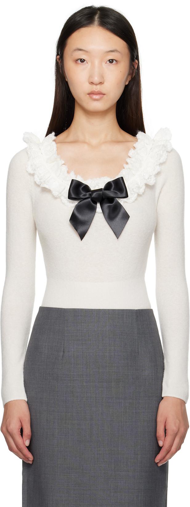 White Neck-Embellished Knitwear Bodysuit by SHUSHU/TONG