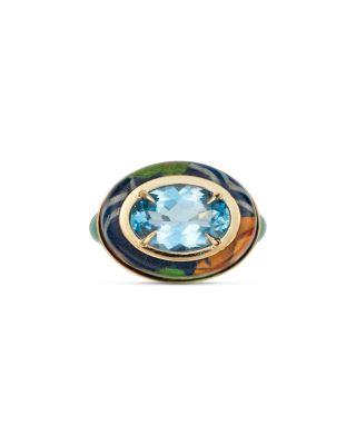 18K Yellow Gold Kashmir Blue Topaz & Green Ceramic Colorful Pattern Ring by SILVIA FURMANOVICH