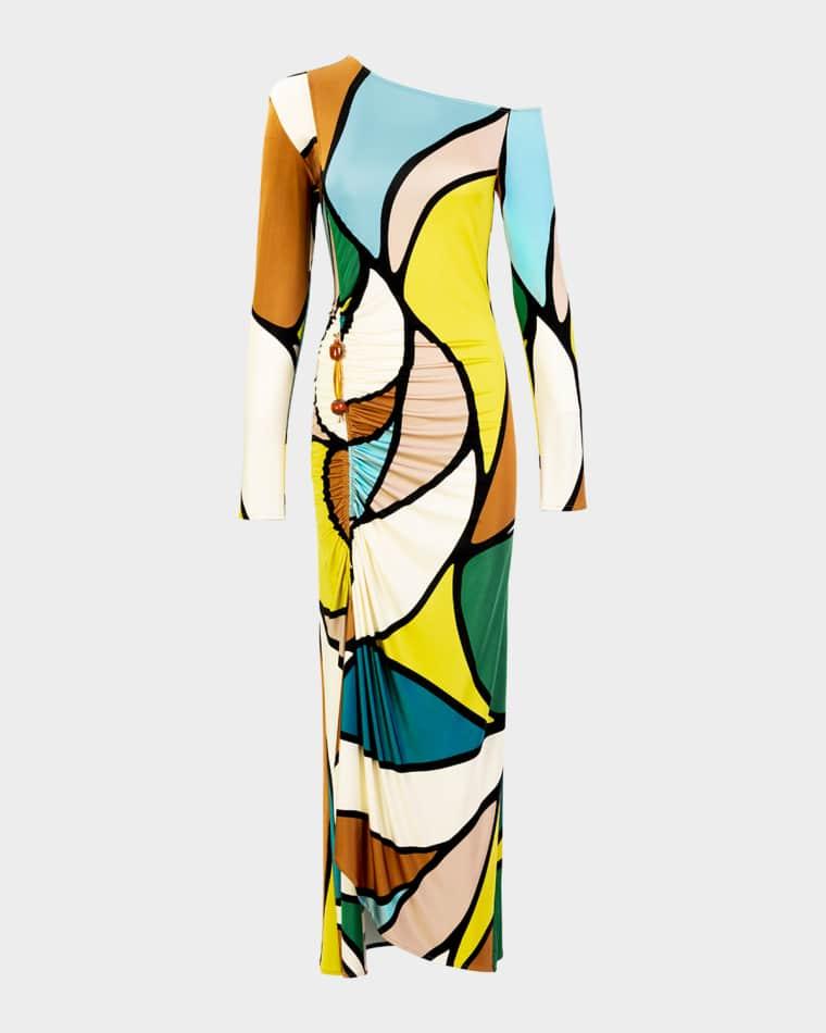 Ilania Abstract-Print Ruched Long-Sleeve Maxi Dress by SILVIA TCHERASSI