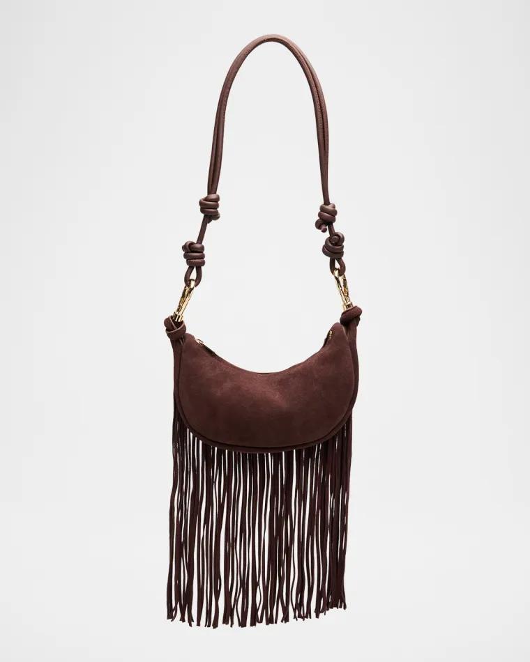 Avery Fringed Suede Crescent Shoulder Bag by SIMKHAI