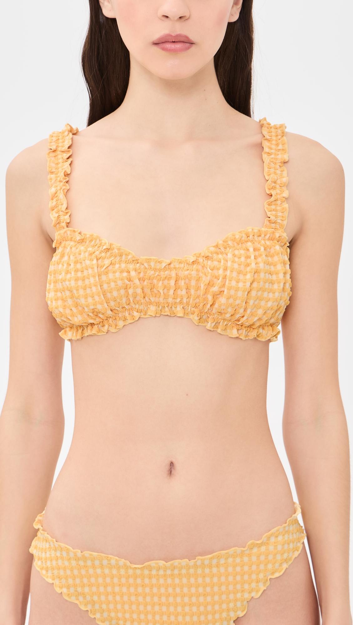 Evander Seersucker Ruched Bikini Top by SIMKHAI