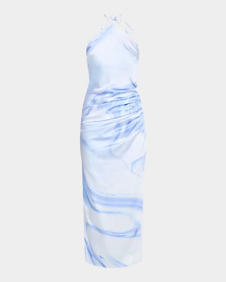 Hansel Oil Spill-Print Satin Halter Midi Dress by SIMKHAI