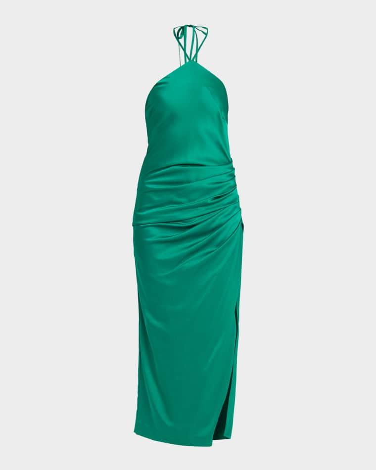 Hansel Ruched Satin Halter Maxi Dress by SIMKHAI