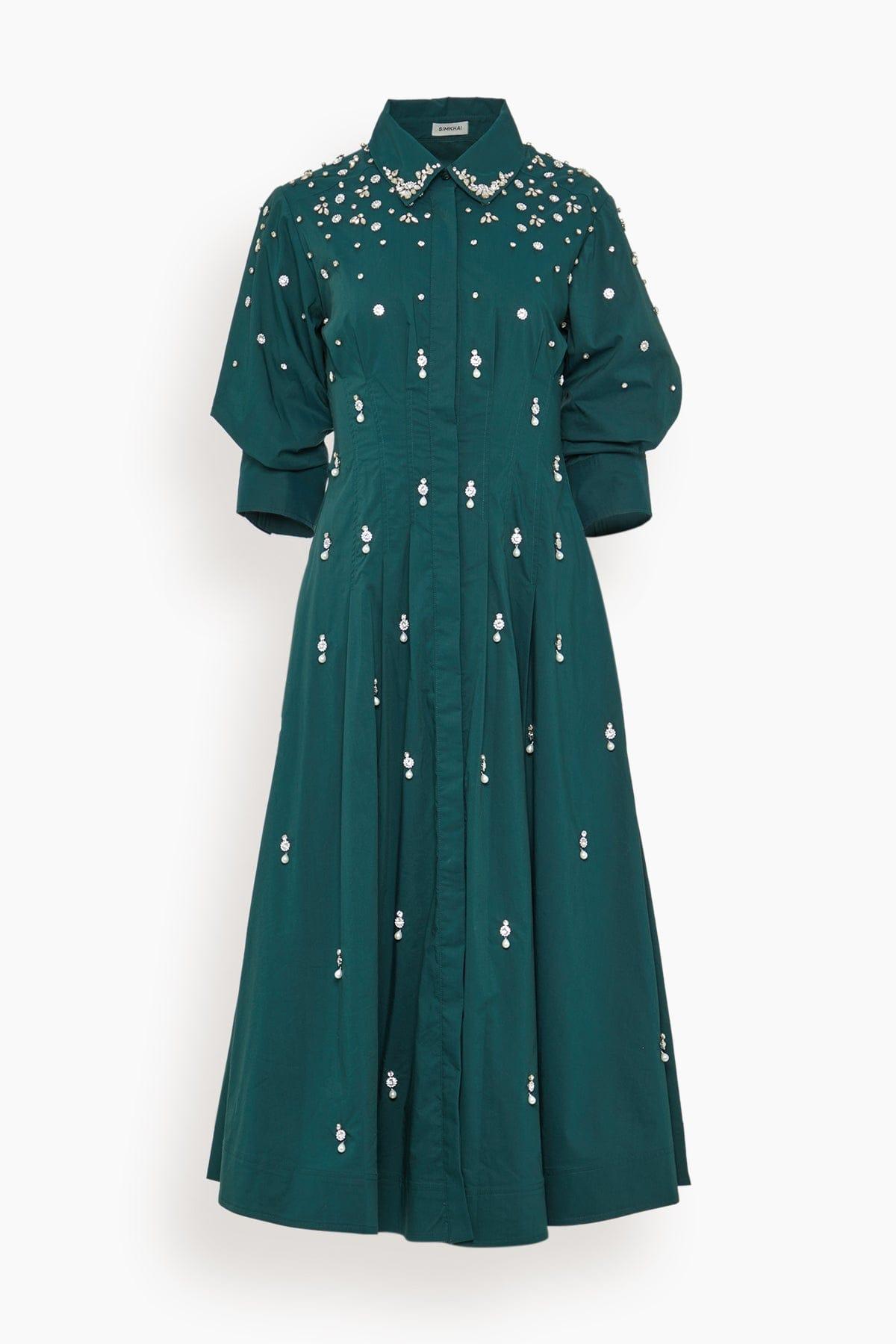 Jazz Embellished Pintuck Midi Dress in Emerald by SIMKHAI