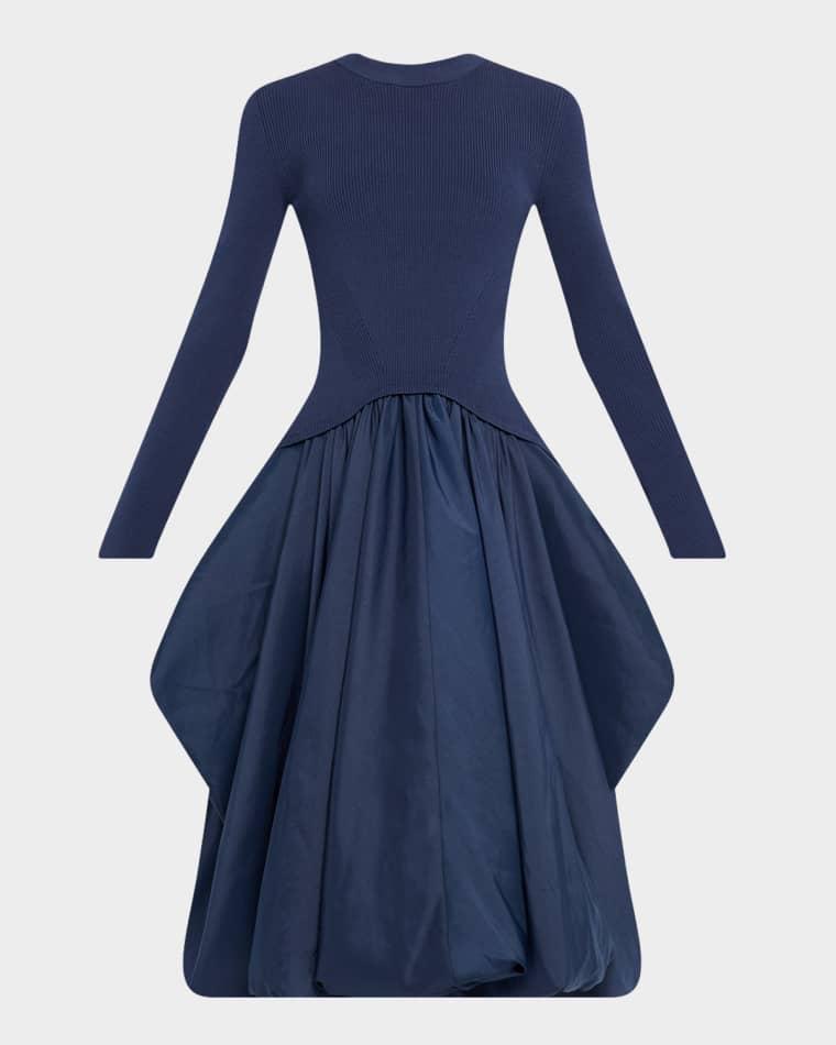 Kenlie Split-Sleeve Mixed Media Bubble Midi Dress by SIMKHAI Kenlie Split-Sleeve Mixed Media Bubble Midi Dress by SIMKHAI