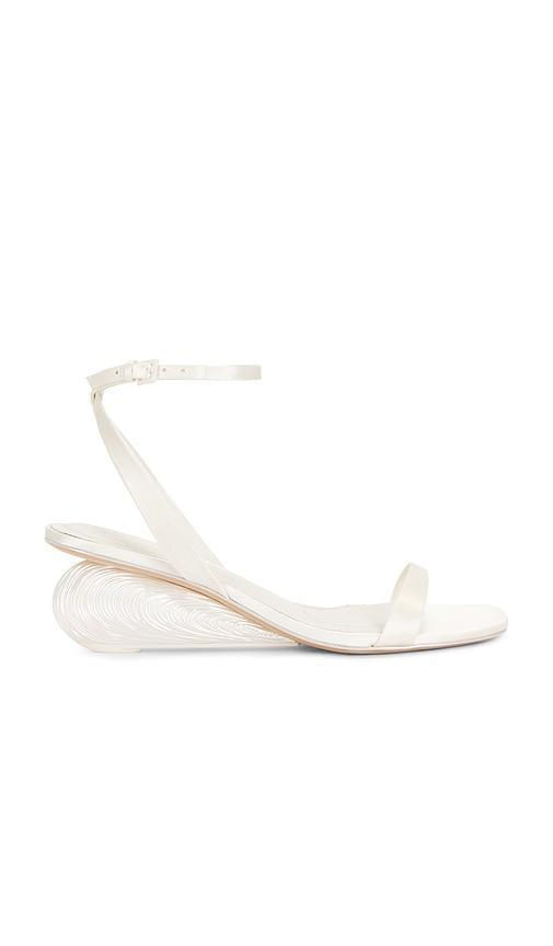 SIMKHAI Bridget Satin Oyster Shell Wedge Sandal in White by SIMKHAI