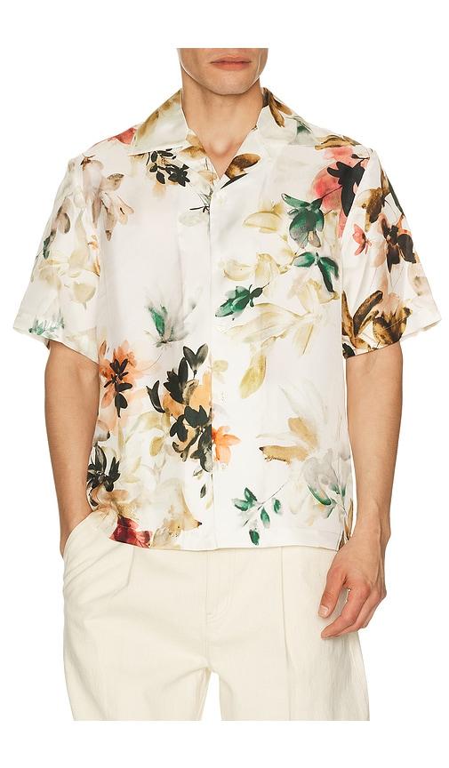 SIMKHAI Casper Printed Silk Shirt in Beige by SIMKHAI