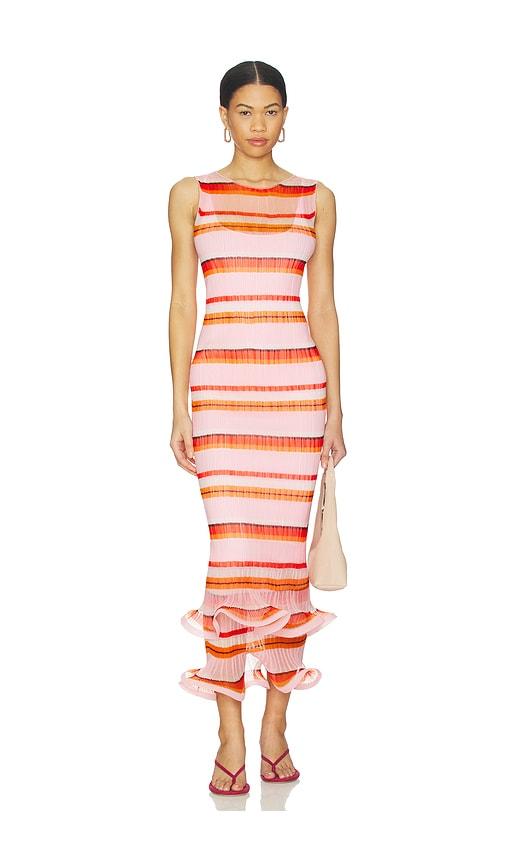SIMKHAI Daniella Plisse Midi Dress in Pink,Orange by SIMKHAI