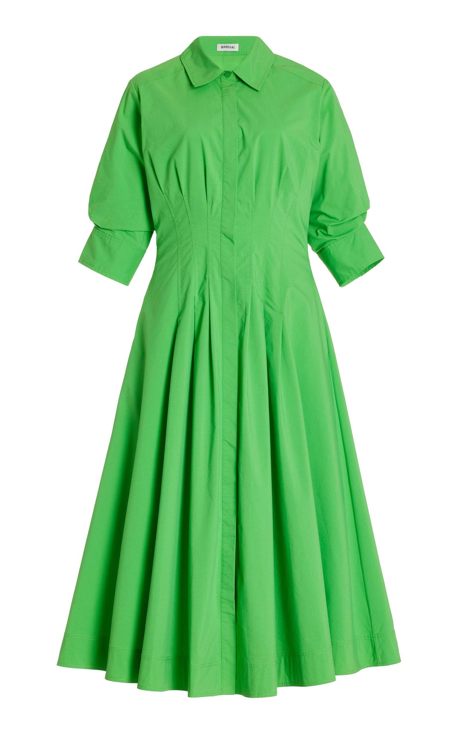 SIMKHAI - Jazz Pintucked Cotton-Blend Midi Shirt Dress - Green - XS - Moda Operandi by SIMKHAI