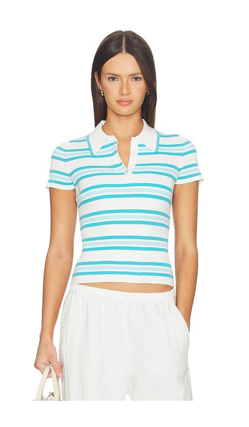 SIMKHAI Luka Striped Cotton Polo in White,Teal by SIMKHAI