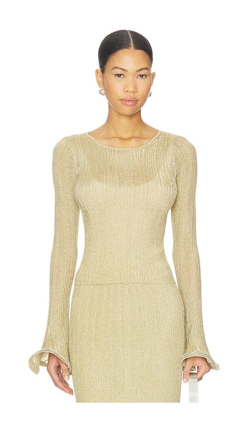 SIMKHAI Maebry Long Sleeve Crewneck Top in Metallic Gold, yellow by SIMKHAI