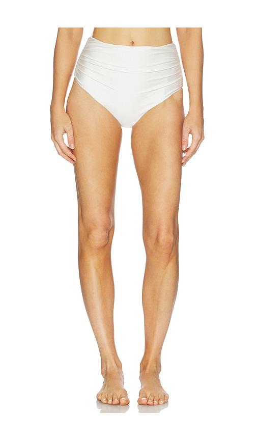 SIMKHAI Teya High Waisted Ruched Bikini Bottom in White by SIMKHAI