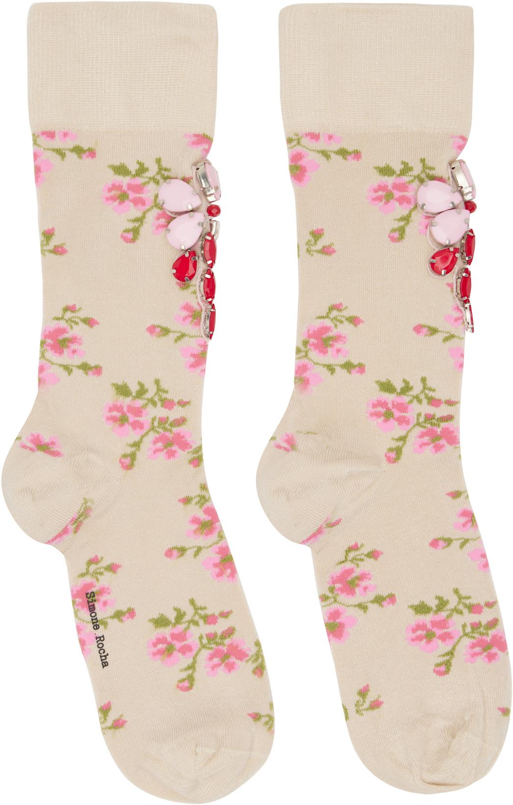 Beige Tiny Flower Jacquard Embellished Ankle Socks by SIMONE ROCHA