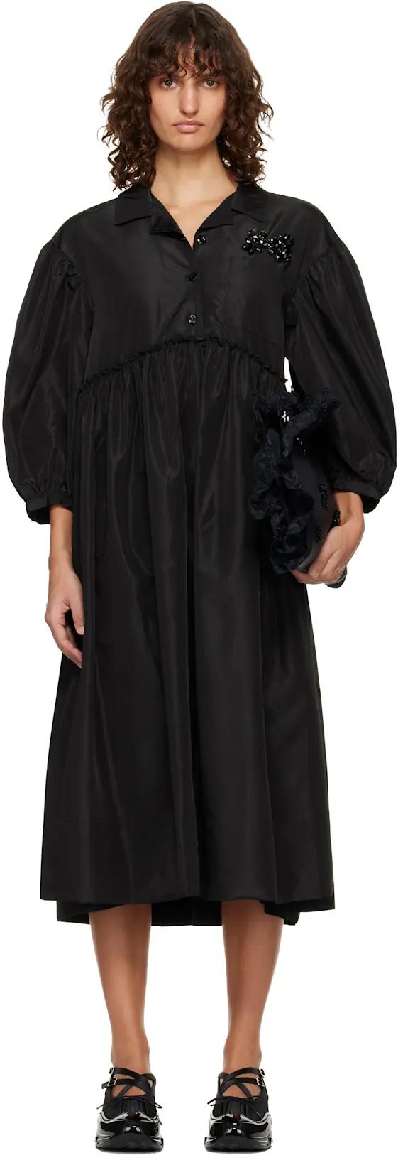 Black Embellished Signature Smock Shirt Midi Dress by SIMONE ROCHA