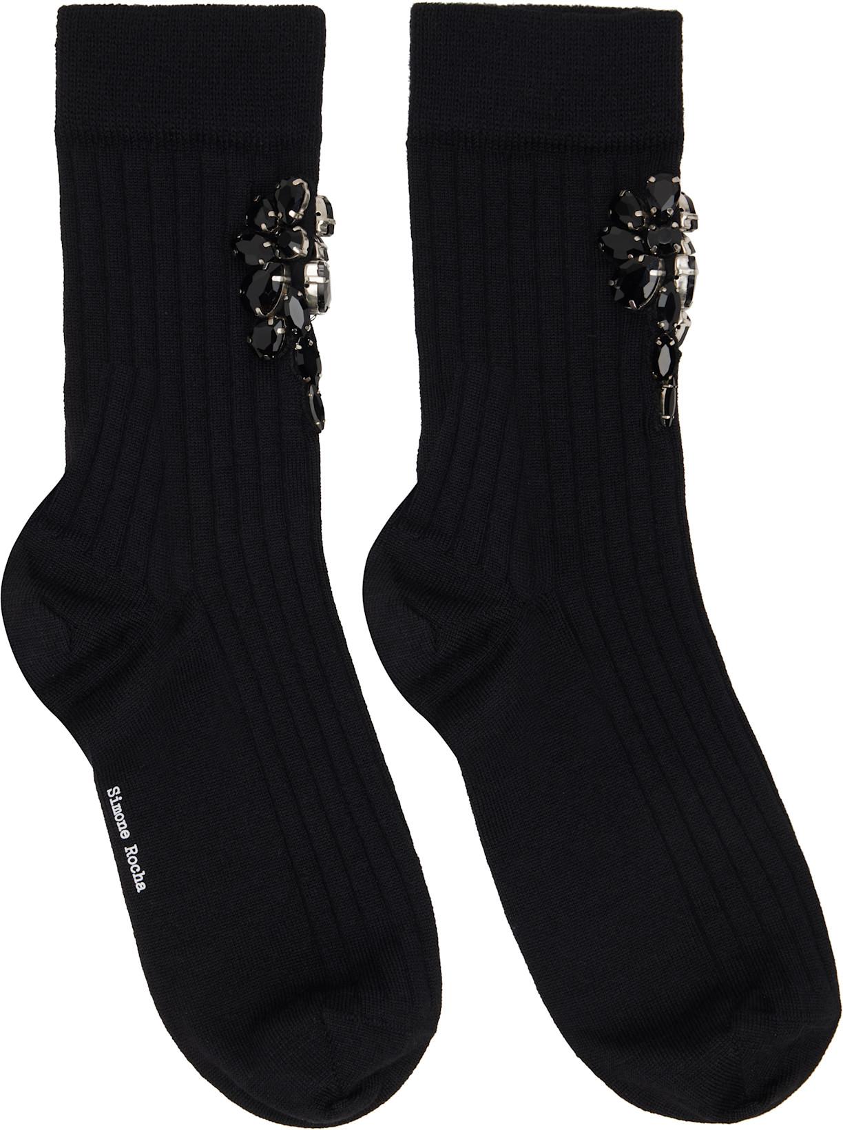 Black Poppy Crystal Flower Ribbed Ankle Socks by SIMONE ROCHA