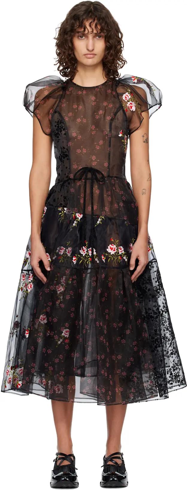Black Sheer Puff Sleeve Patchwork Flounce Midi Dress by SIMONE ROCHA