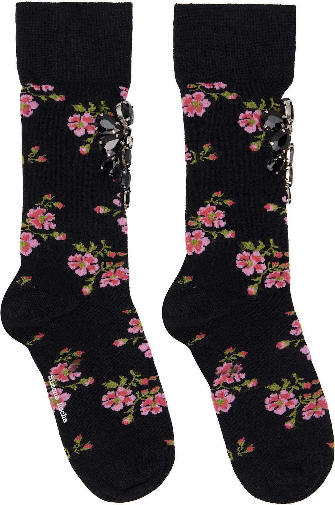 Black Tiny Flower Jacquard Embellished Ankle Socks by SIMONE ROCHA