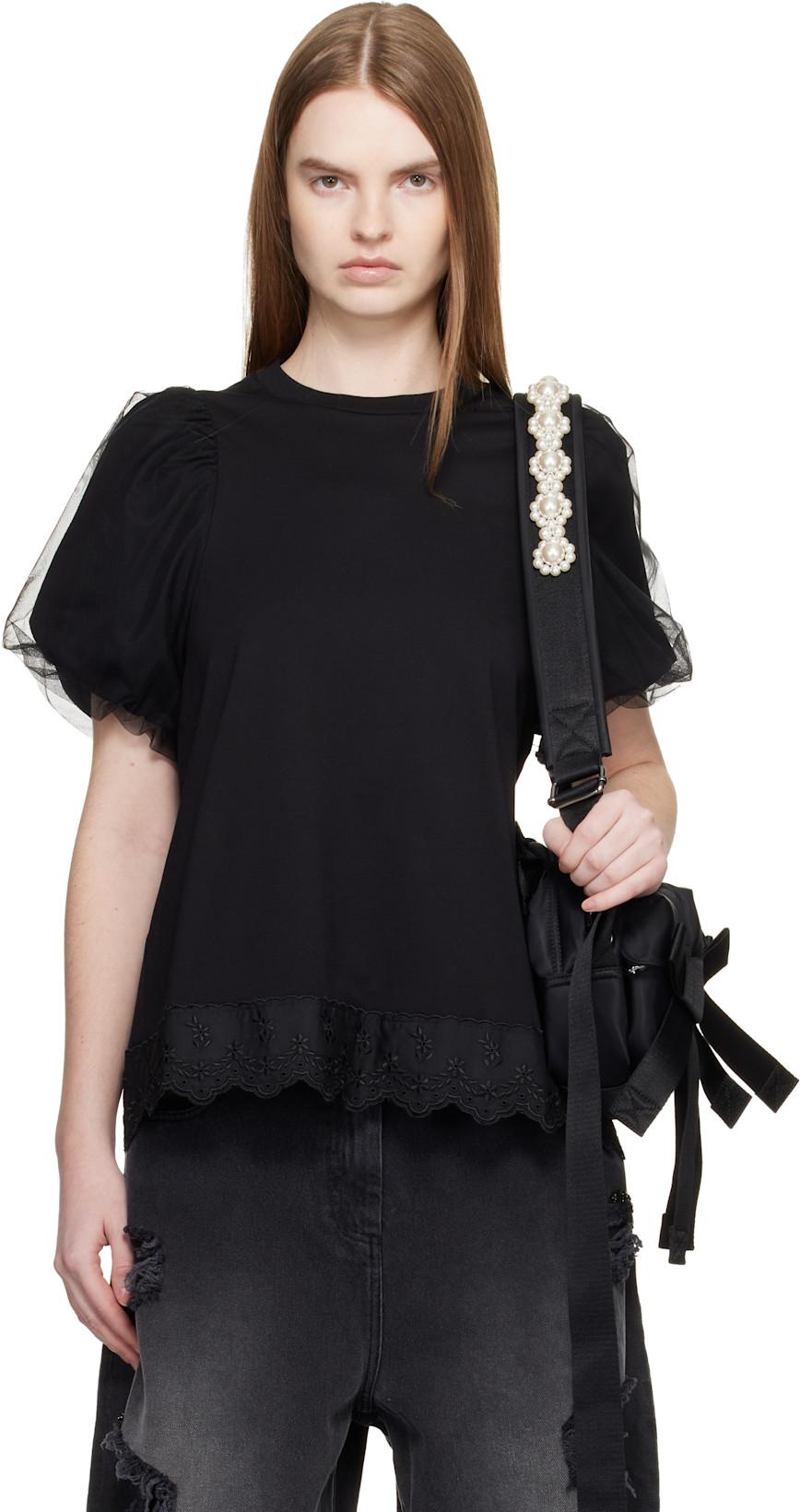 Black Tulle Overlay Puff Sleeve Lace Trim T-shirt by SIMONE ROCHA