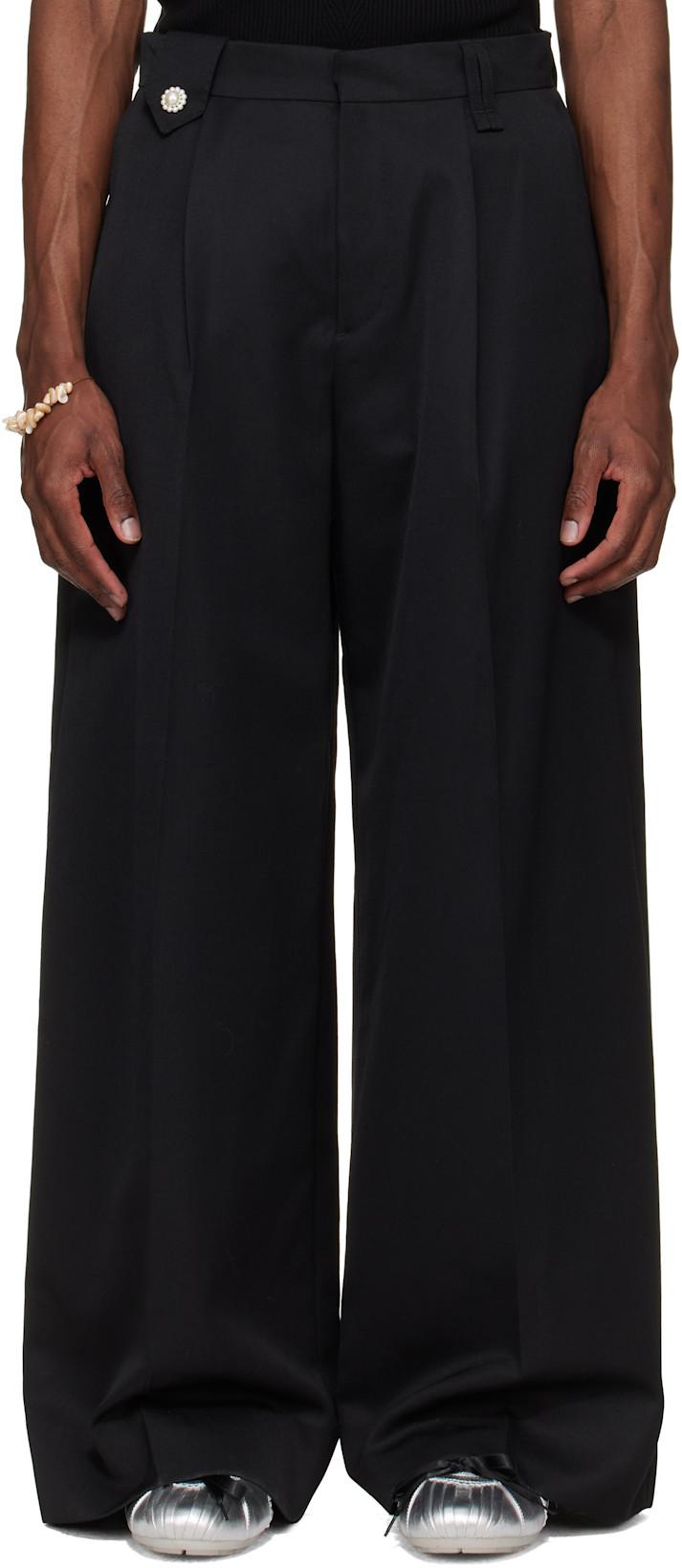 Black Wide Leg Belt Loop Tab Trousers by SIMONE ROCHA