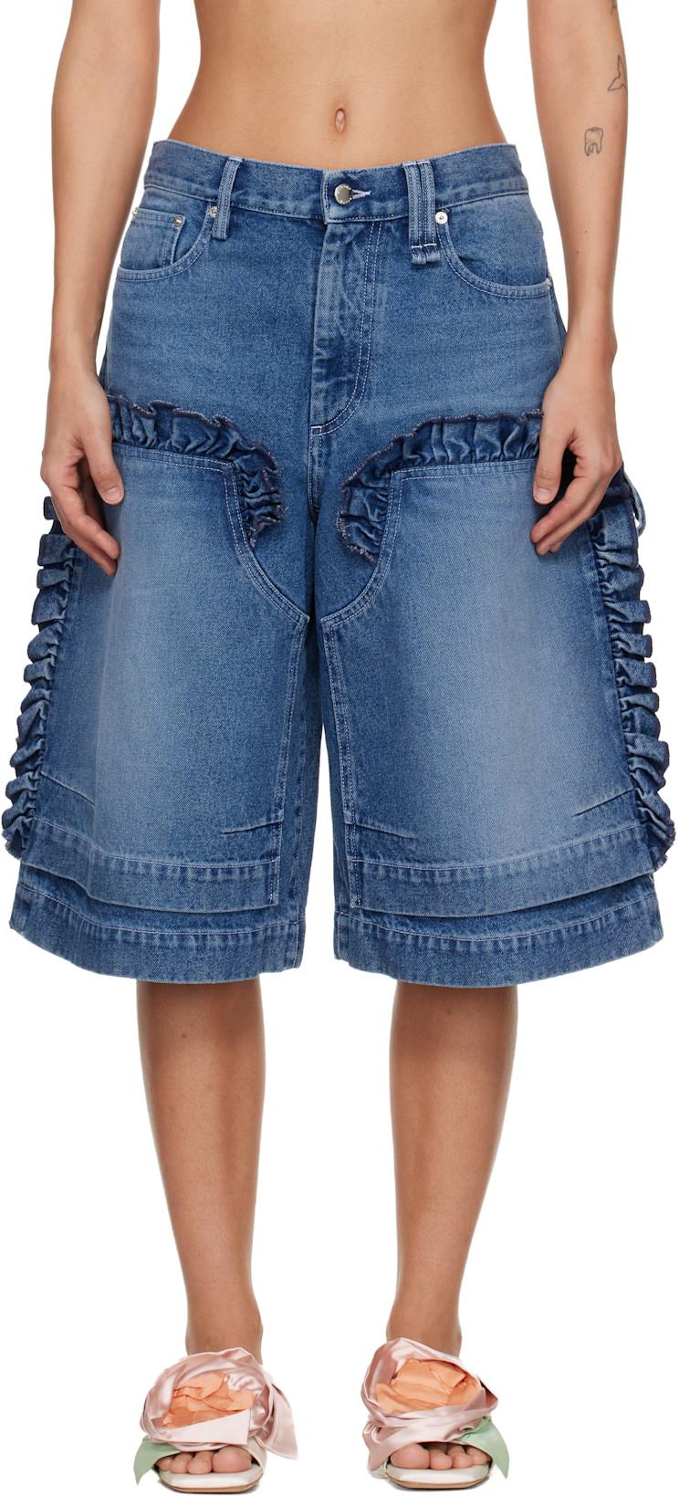 Blue Ruffle Frill Denim Board Shorts by SIMONE ROCHA