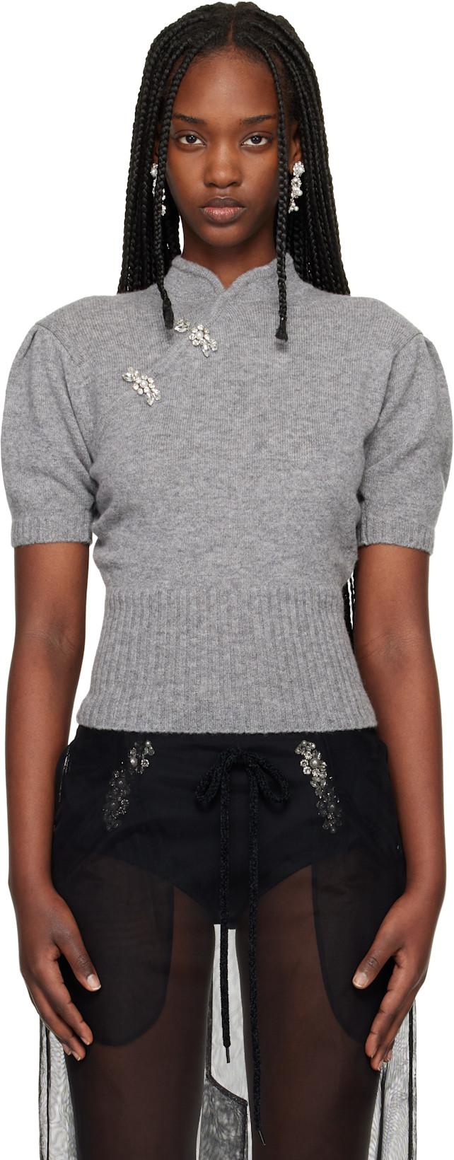 Gray Embellished Mandarin Collar Cashmere Sweater by SIMONE ROCHA